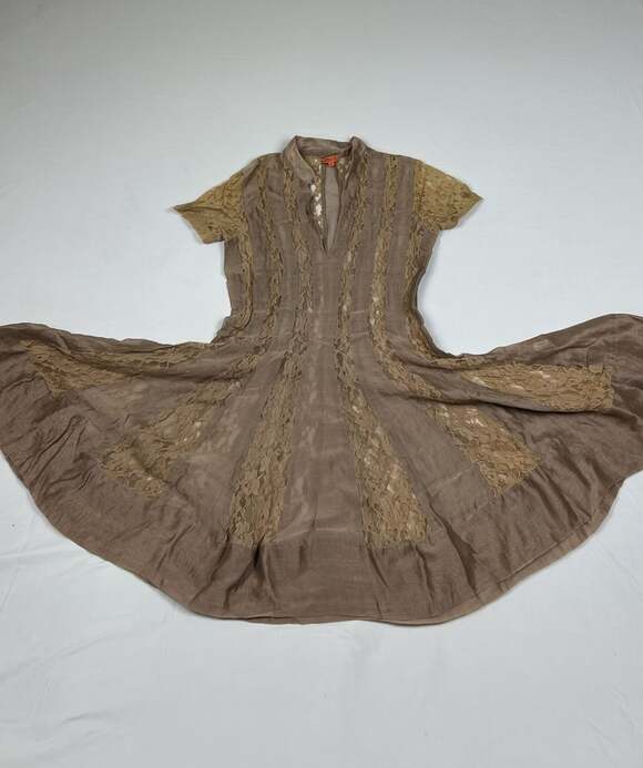Chan Luu Dresses & Skirts - Chan Luu Brown Silk and Lace Flare Short Sleeve Dress Size S
